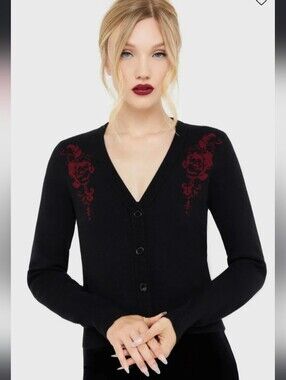 Killstar Black V-Neck Cardigan with Deep Red Floral Embroidery